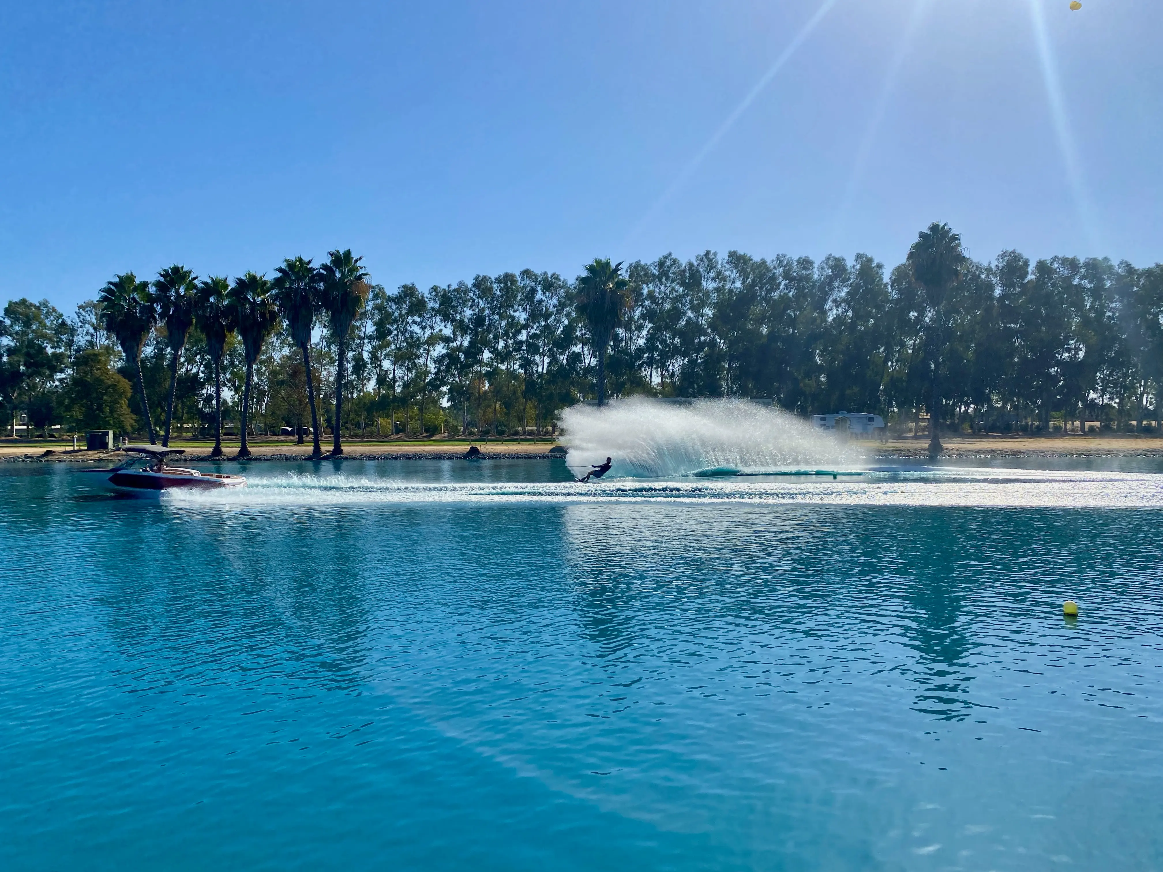 Slalom skiing on a course